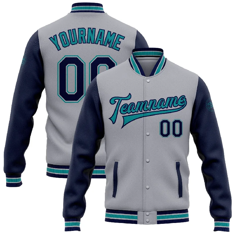High-Quality Unisex Basics For All Occasions Flash Sale Custom Gray Navy-Teal Bomber Full-Snap Varsity Letterman Two Tone Jacket High-Quality Unisex Basics For All Occasions Flash Sale Custom Gray Navy-Teal Bomber Full-Snap Varsity Letterman Two Tone Jacket