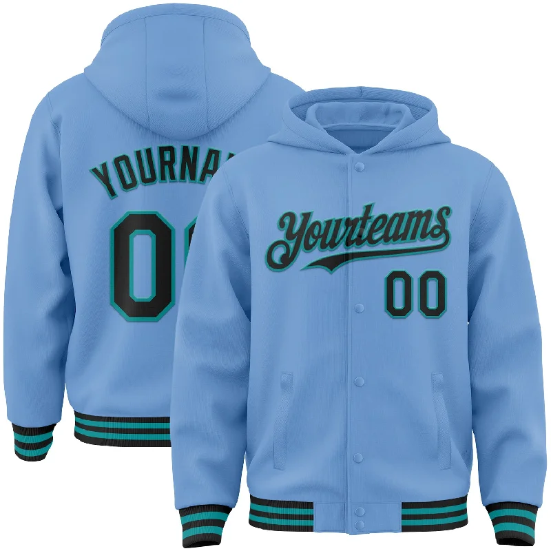 High-Quality Unisex Basics For All Occasions End Of Season Sale Custom Light Blue Black-Teal Bomber Full-Snap Varsity Letterman Hoodie Jacket High-Quality Unisex Basics For All Occasions End Of Season Sale Custom Light Blue Black-Teal Bomber Full-Snap Varsity Letterman Hoodie Jacket