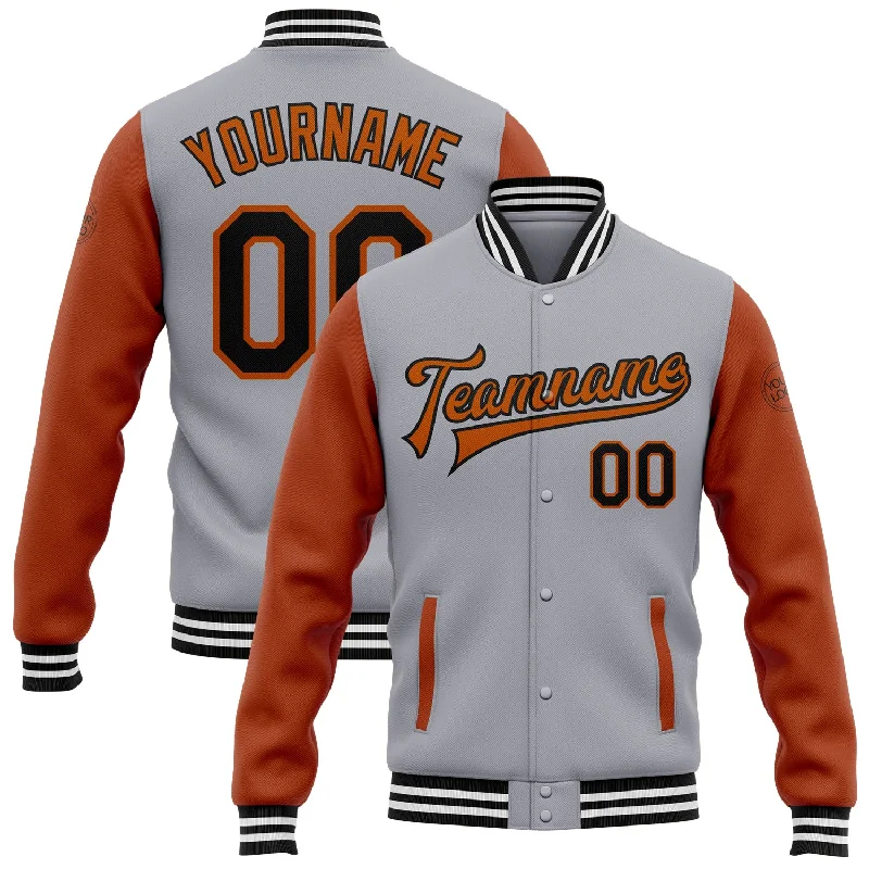 Comfortable Unisex Streetwear Limited Stock, Big Discounts Custom Gray Black-Texas Orange Bomber Full-Snap Varsity Letterman Two Tone Jacket Comfortable Unisex Streetwear Limited Stock, Big Discounts Custom Gray Black-Texas Orange Bomber Full-Snap Varsity Letterman Two Tone Jacket