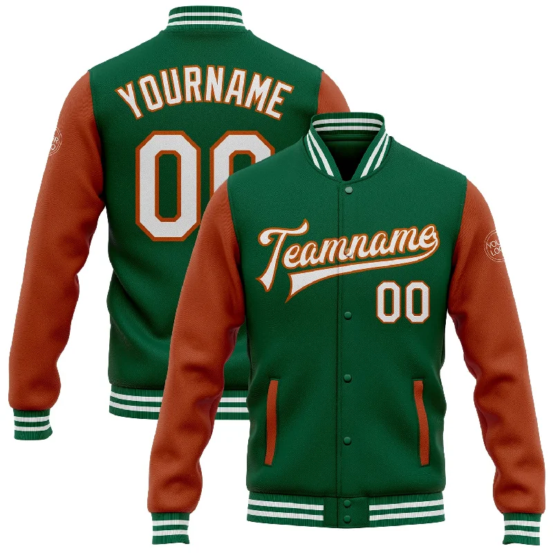 Unisex Everyday Fashion Essentials Big Savings Custom Kelly Green White-Texas Orange Bomber Full-Snap Varsity Letterman Two Tone Jacket Unisex Everyday Fashion Essentials Big Savings Custom Kelly Green White-Texas Orange Bomber Full-Snap Varsity Letterman Two Tone Jacket