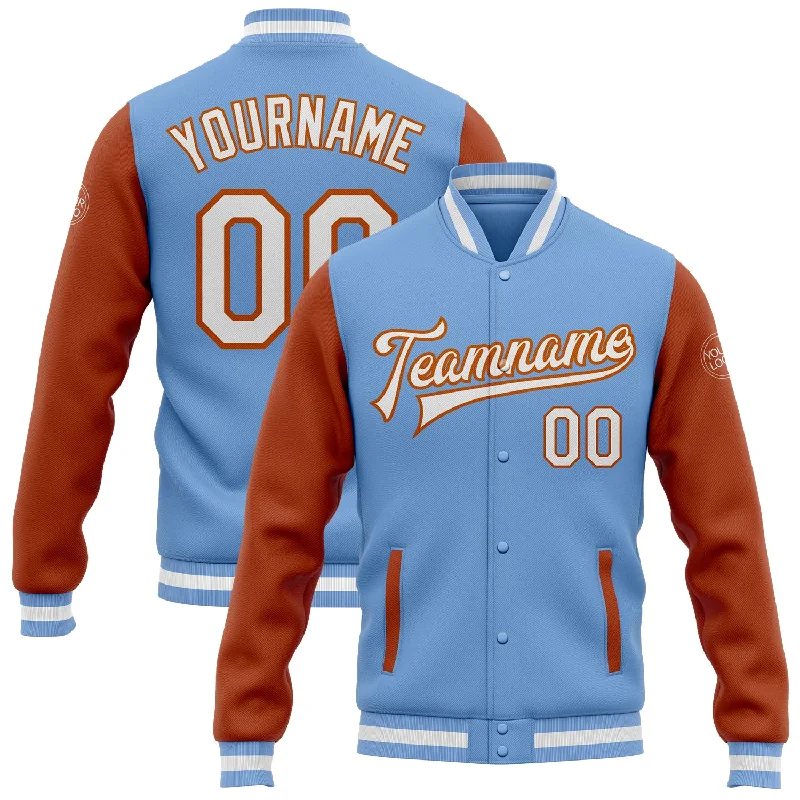 Elegant And Minimal Gender-Free Clothing Season Sale Custom Light Blue White-Texas Orange Bomber Full-Snap Varsity Letterman Two Tone Jacket Elegant And Minimal Gender-Free Clothing Season Sale Custom Light Blue White-Texas Orange Bomber Full-Snap Varsity Letterman Two Tone Jacket