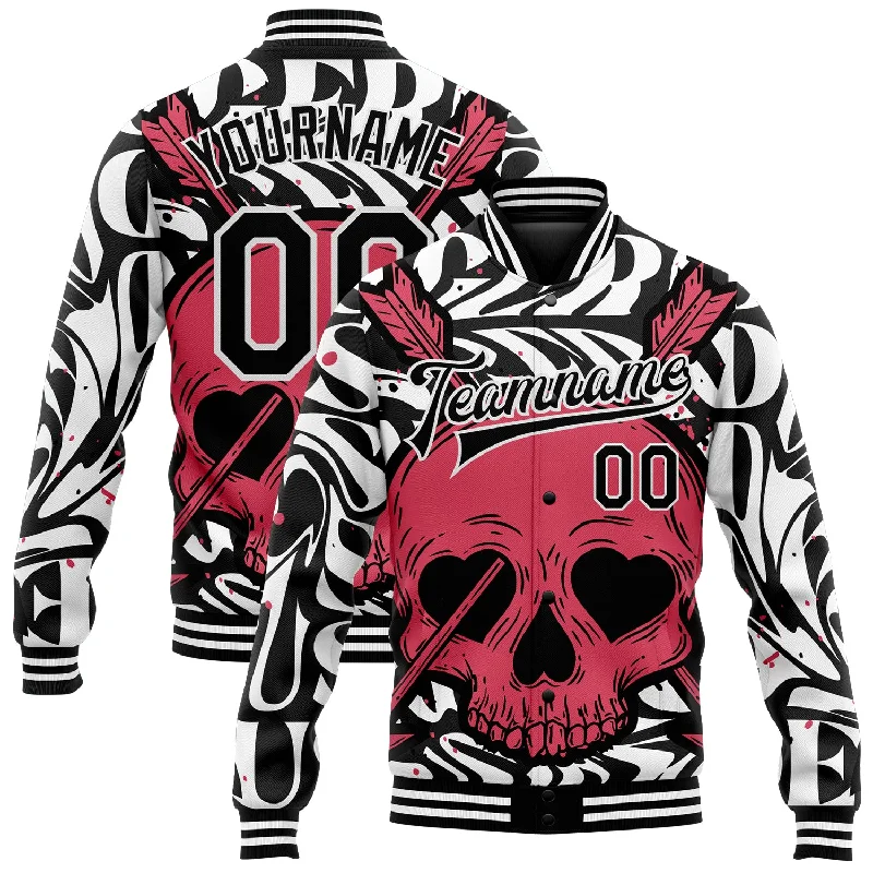 Gender-Neutral Trendy Clothing Styles Statement Fashion Offers Custom Black White Pink Skull With Heart Shaped Eyes 3D Bomber Full-Snap Varsity Letterman Jacket Gender-Neutral Trendy Clothing Styles Statement Fashion Offers Custom Black White Pink Skull With Heart Shaped Eyes 3D Bomber Full-Snap Varsity Letterman Jacket
