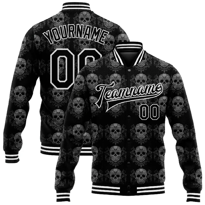 Elegant And Minimal Gender-Free Clothing High-End Style Discounts Custom Black White Skull Fashion 3D Bomber Full-Snap Varsity Letterman Jacket Elegant And Minimal Gender-Free Clothing High-End Style Discounts Custom Black White Skull Fashion 3D Bomber Full-Snap Varsity Letterman Jacket