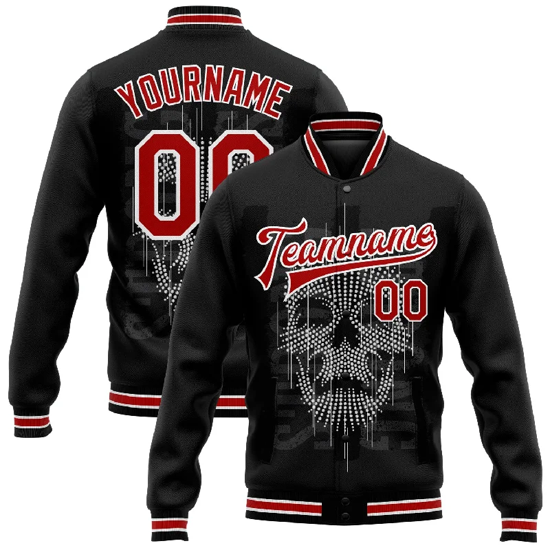 Sleek And Comfortable Unisex Wear Shop Sales Custom Black Red-White Skull Fashion 3D Bomber Full-Snap Varsity Letterman Jacket Sleek And Comfortable Unisex Wear Shop Sales Custom Black Red-White Skull Fashion 3D Bomber Full-Snap Varsity Letterman Jacket