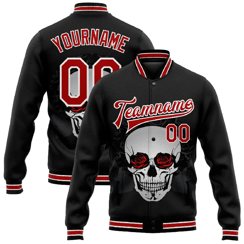 Versatile Gender-Free Wardrobe Essentials Budget Saver Custom Black Red-White Skull With Roses 3D Bomber Full-Snap Varsity Letterman Jacket Versatile Gender-Free Wardrobe Essentials Budget Saver Custom Black Red-White Skull With Roses 3D Bomber Full-Snap Varsity Letterman Jacket