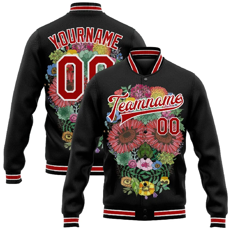 Unisex Casual Wear For All Seasons Limited Stock Custom Black Red-White Skull With Flowers 3D Bomber Full-Snap Varsity Letterman Jacket Unisex Casual Wear For All Seasons Limited Stock Custom Black Red-White Skull With Flowers 3D Bomber Full-Snap Varsity Letterman Jacket