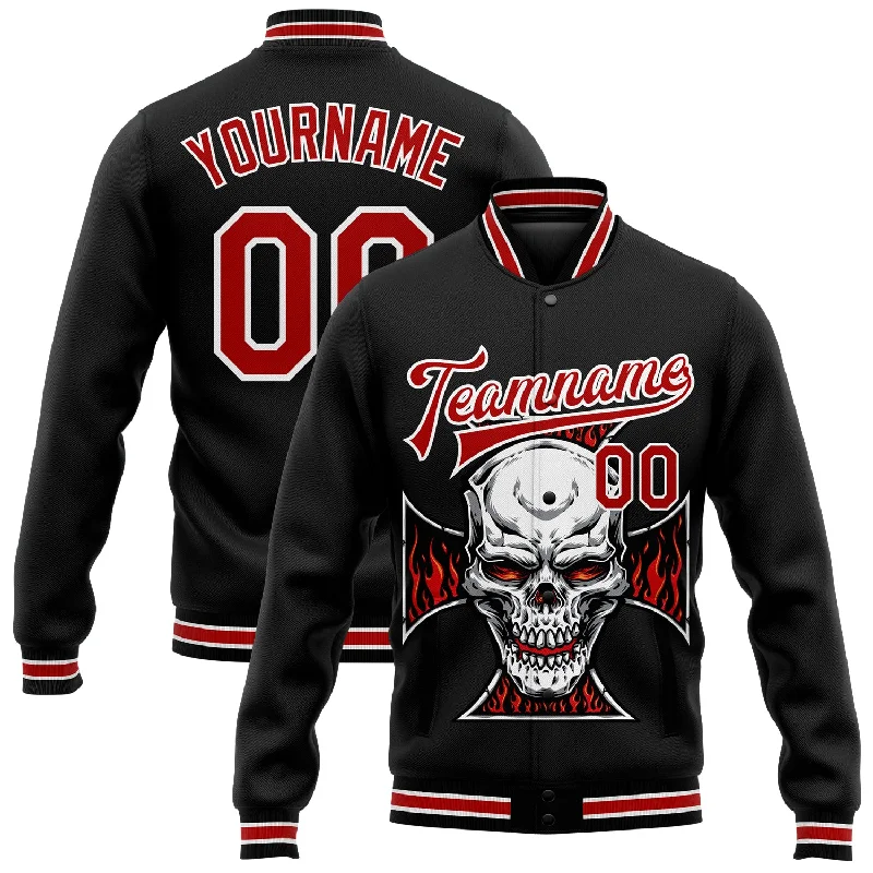 Oversized Unisex Fashion Pieces Casual Yet Chic Sales Custom Black Red-White Skull With Cross Logo 3D Bomber Full-Snap Varsity Letterman Jacket Oversized Unisex Fashion Pieces Casual Yet Chic Sales Custom Black Red-White Skull With Cross Logo 3D Bomber Full-Snap Varsity Letterman Jacket
