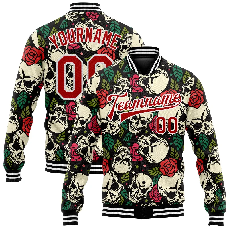 Functional And Stylish Unisex Wear Chic & Modern Sales Custom Black Red-White Skull And Rose 3D Bomber Full-Snap Varsity Letterman Jacket Functional And Stylish Unisex Wear Chic & Modern Sales Custom Black Red-White Skull And Rose 3D Bomber Full-Snap Varsity Letterman Jacket