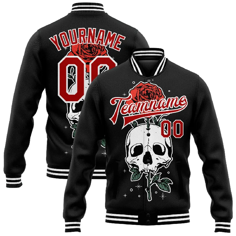 Chic And Contemporary Unisex Clothing Choices On-Trend Fashion Offers Custom Black Red-White Skull With Flower 3D Bomber Full-Snap Varsity Letterman Jacket Chic And Contemporary Unisex Clothing Choices On-Trend Fashion Offers Custom Black Red-White Skull With Flower 3D Bomber Full-Snap Varsity Letterman Jacket