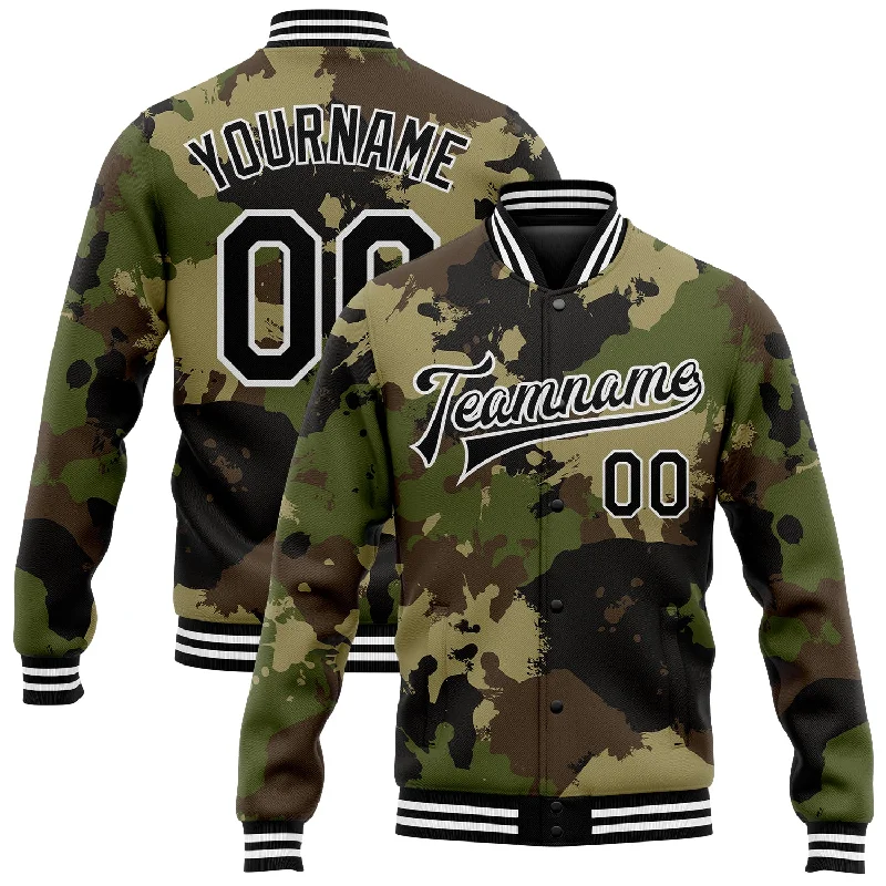 Casual And Trendy Unisex Fashion Staples Affordable Luxury Fashion Custom Camo Black-White Graffiti Camouflage 3D Bomber Full-Snap Varsity Letterman Salute To Service Jacket