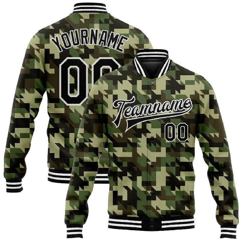 Versatile Gender-Free Wardrobe Essentials Urban Fashion Custom Camo Black-White Geometric Camouflage 3D Bomber Full-Snap Varsity Letterman Salute To Service Jacket