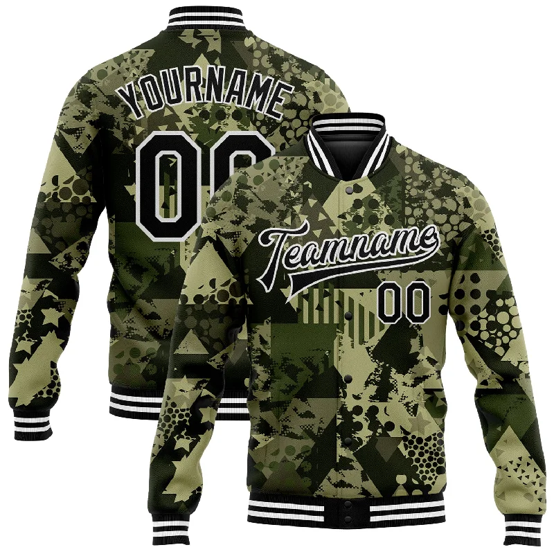 Gender-Neutral Fashion For Everyday Style Relaxed Style Custom Camo Black-White Geometric Camouflage 3D Bomber Full-Snap Varsity Letterman Salute To Service Jacket
