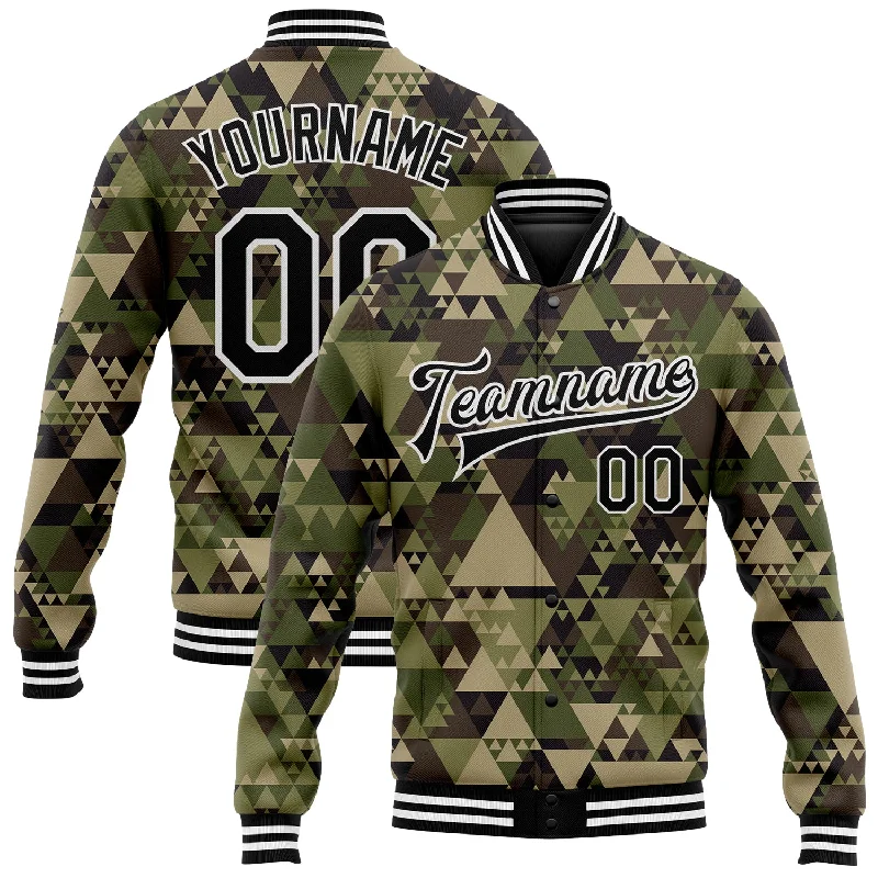 Sleek And Stylish Unisex Outerwear Boutique Styles Custom Camo Black-White Geometric Camouflage 3D Bomber Full-Snap Varsity Letterman Salute To Service Jacket