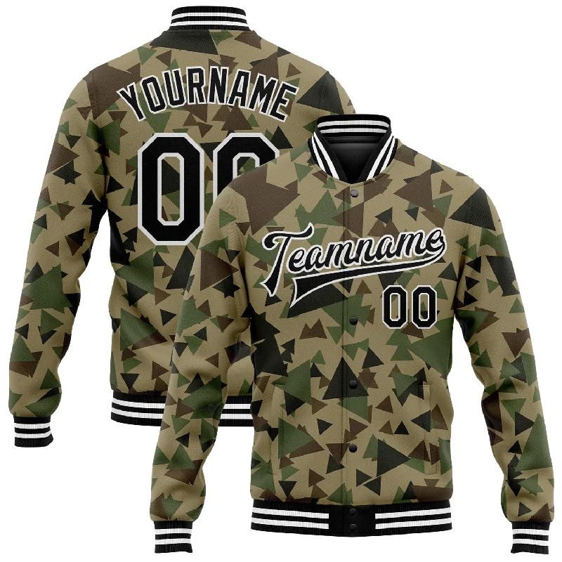 Soft And Breathable Unisex Loungewear Hot Trends Custom Camo Black-White Geometric Camouflage 3D Bomber Full-Snap Varsity Letterman Salute To Service Jacket