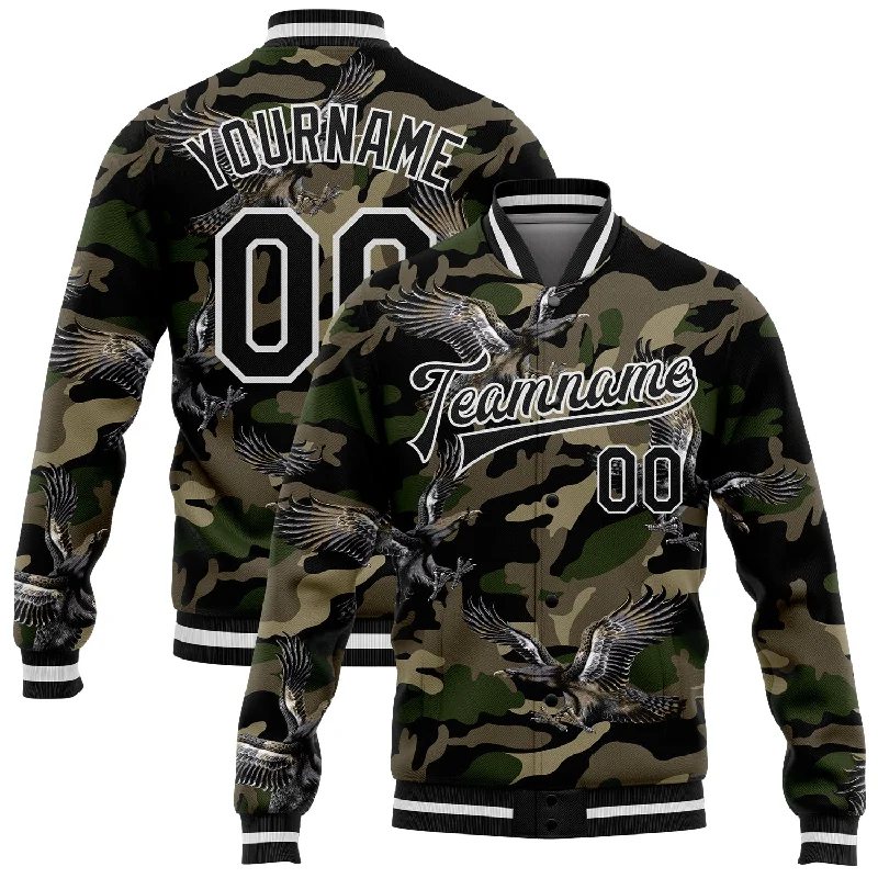 High-Quality Unisex Fashion Basics Step Ahead, Lead The Trend Custom Camo Black-White Eagle 3D Pattern Design Bomber Full-Snap Varsity Letterman Salute To Service Jacket