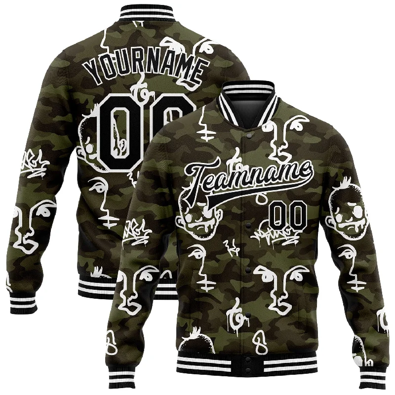 Sustainable Gender-Neutral Apparel Day-To-Night Styles Custom Camo Black-White Hand Painted Face 3D Pattern Design Bomber Full-Snap Varsity Letterman Salute To Service Jacket Sustainable Gender-Neutral Apparel Day-To-Night Styles Custom Camo Black-White Hand Painted Face 3D Pattern Design Bomber Full-Snap Varsity Letterman Salute To Service Jacket