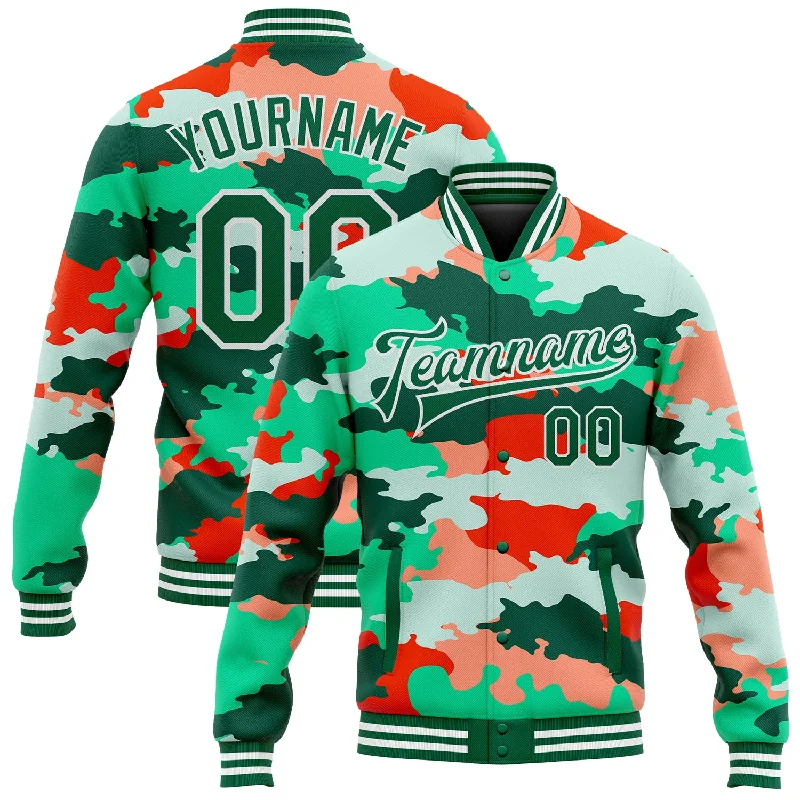 Minimalist Unisex Wardrobe Must-Haves Edgy Fashion Deals Custom Camo Kelly Green-White Fluorescent Camouflage 3D Bomber Full-Snap Varsity Letterman Salute To Service Jacket