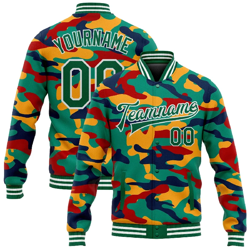 Modern Unisex Streetwear Outfits Glamorous Fashion Offers Custom Camo Kelly Green-White Fluorescent Camouflage 3D Bomber Full-Snap Varsity Letterman Salute To Service Jacket