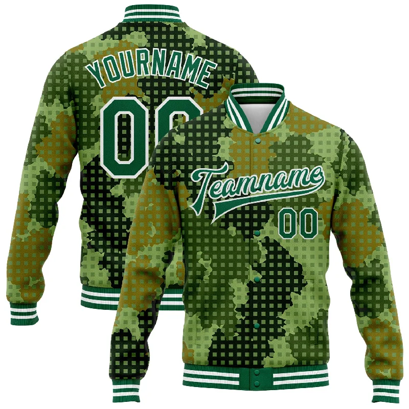 Classic And Timeless Gender-Neutral Fashion Timeless Style Promotions Custom Camo Kelly Green-White Geometric Camouflage 3D Bomber Full-Snap Varsity Letterman Salute To Service Jacket