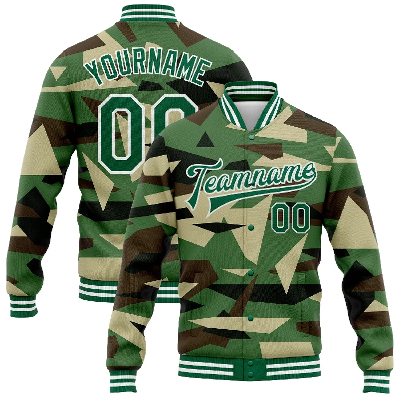 Sleek And Comfortable Unisex Wear Stylish Deals Custom Camo Kelly Green-White Geometric Camouflage 3D Bomber Full-Snap Varsity Letterman Salute To Service Jacket