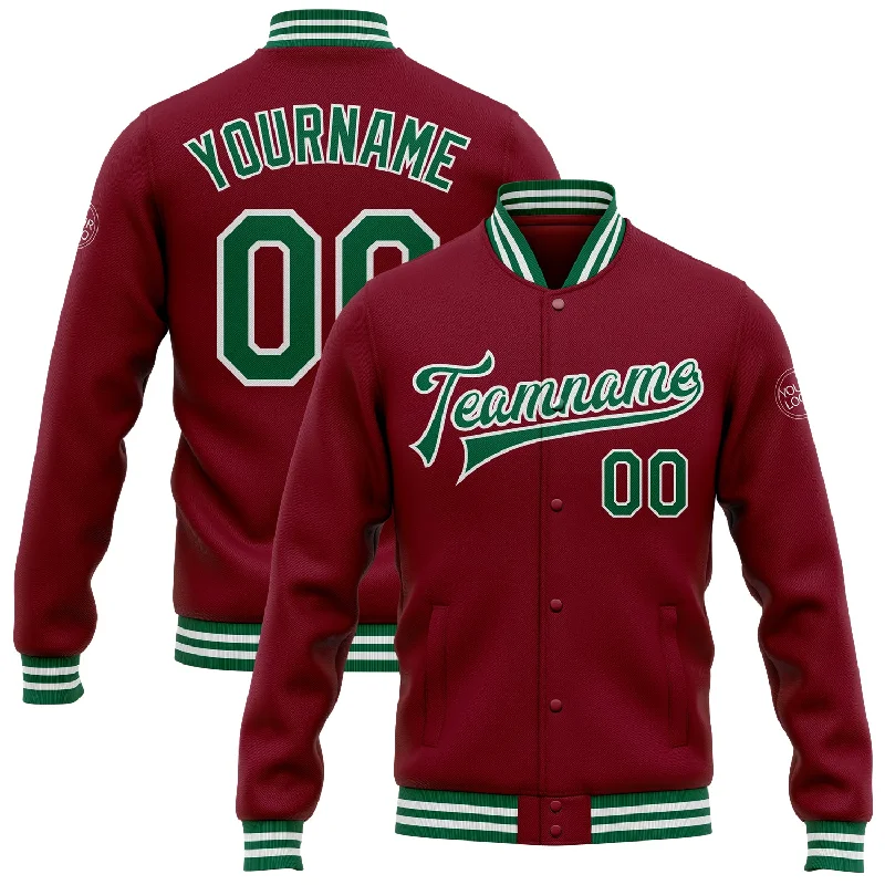 Lightweight And Breathable Unisex Wear Luxury Fashion Discounts Custom Crimson Kelly Green-White Bomber Full-Snap Varsity Letterman Jacket