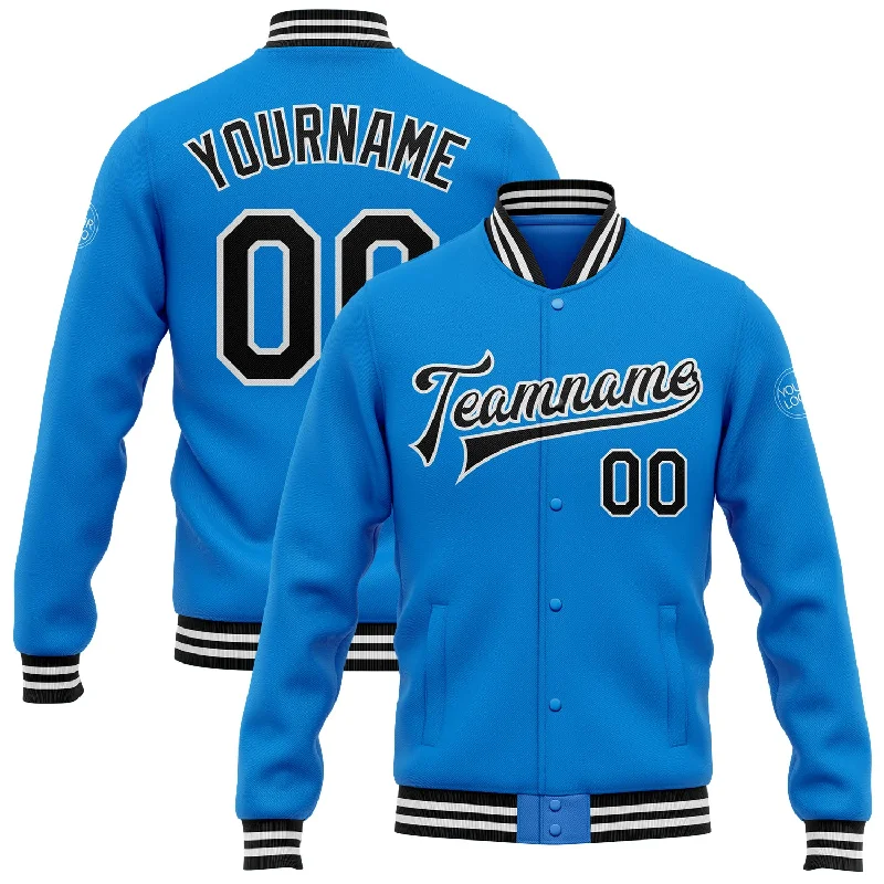 Unisex Casual Fashion Trends Discount Extravaganza Custom Powder Blue Black-White Bomber Full-Snap Varsity Letterman Jacket