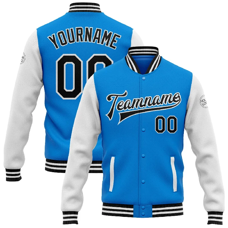 Sleek And Comfortable Unisex Wear Hot Picks Custom Powder Blue Black-White Bomber Full-Snap Varsity Letterman Two Tone Jacket Sleek And Comfortable Unisex Wear Hot Picks Custom Powder Blue Black-White Bomber Full-Snap Varsity Letterman Two Tone Jacket