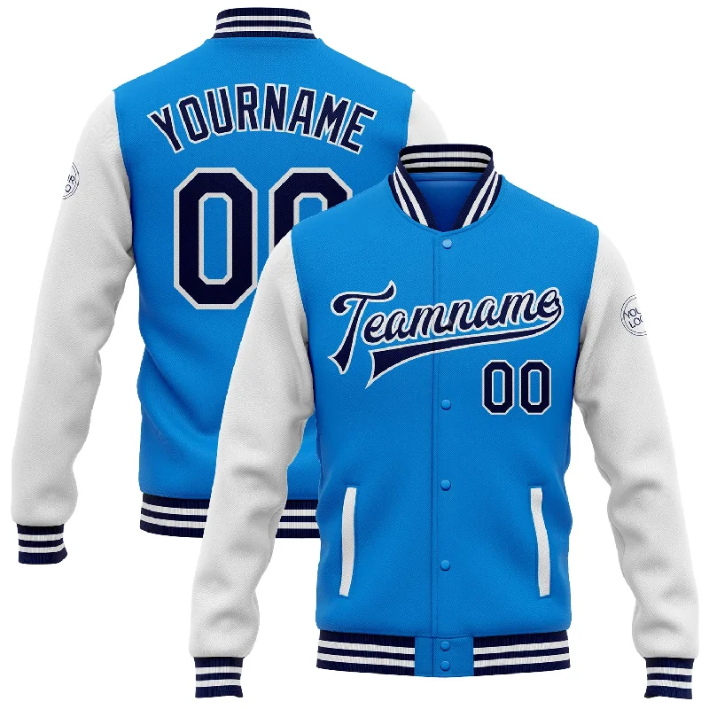 Versatile Gender-Free Wardrobe Essentials Sustainable Fashion Extravaganza Custom Powder Blue Navy-White Bomber Full-Snap Varsity Letterman Two Tone Jacket Versatile Gender-Free Wardrobe Essentials Sustainable Fashion Extravaganza Custom Powder Blue Navy-White Bomber Full-Snap Varsity Letterman Two Tone Jacket