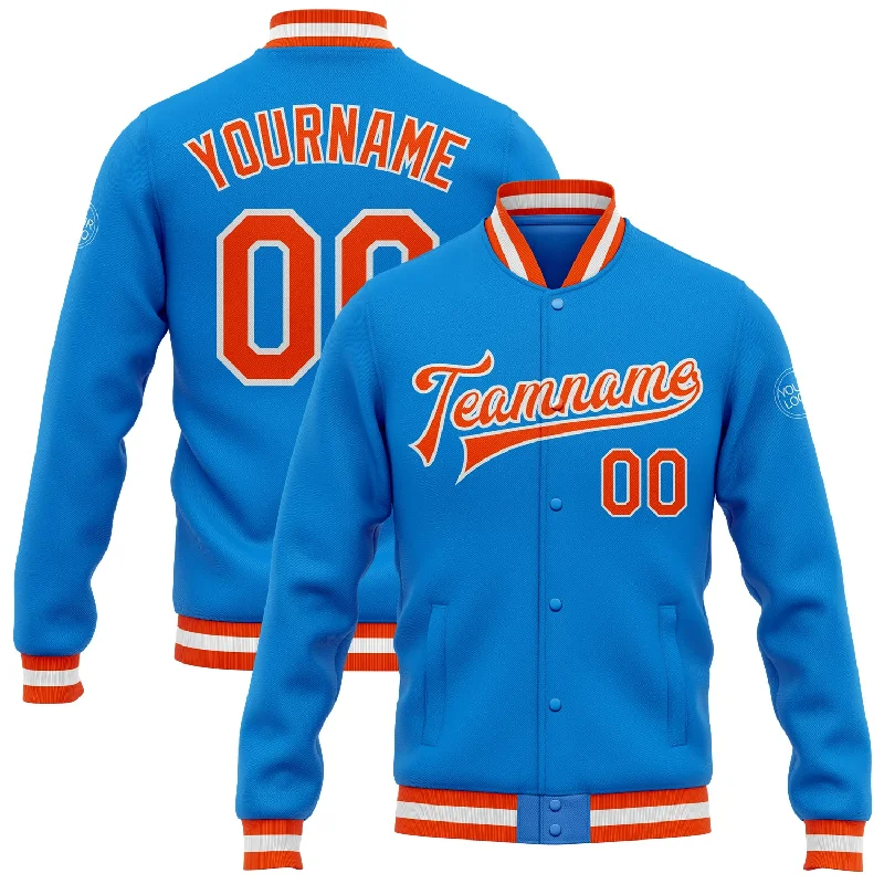 Effortless And Modern Unisex Dressing Absurdly Cheap Sale Custom Powder Blue Orange-White Bomber Full-Snap Varsity Letterman Jacket