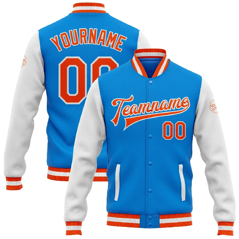 Gender-Neutral Fashion For Everyday Style New Season Fashion Preview Sale Custom Powder Blue Orange-White Bomber Full-Snap Varsity Letterman Two Tone Jacket Gender-Neutral Fashion For Everyday Style New Season Fashion Preview Sale Custom Powder Blue Orange-White Bomber Full-Snap Varsity Letterman Two Tone Jacket