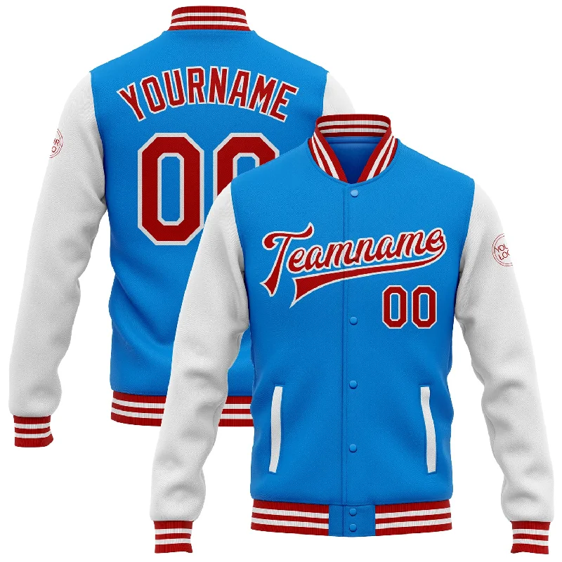 Sustainable And Ethical Unisex Clothing Fashion Forward Custom Powder Blue Red-White Bomber Full-Snap Varsity Letterman Two Tone Jacket Sustainable And Ethical Unisex Clothing Fashion Forward Custom Powder Blue Red-White Bomber Full-Snap Varsity Letterman Two Tone Jacket