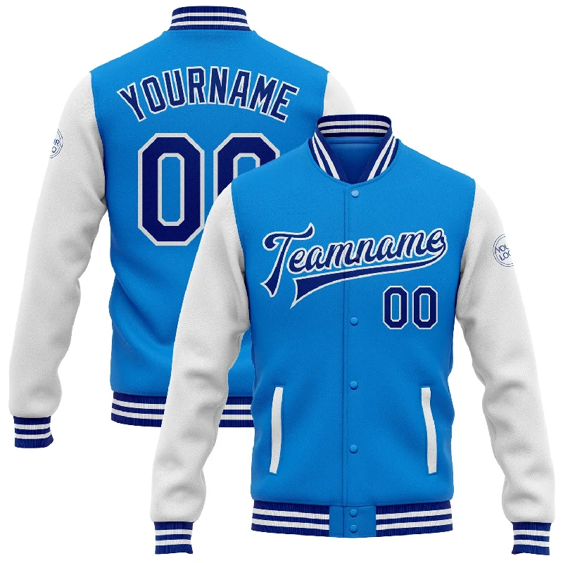 Sleek And Stylish Unisex Outerwear Inspired By You, Designed For You Custom Powder Blue Royal-White Bomber Full-Snap Varsity Letterman Two Tone Jacket Sleek And Stylish Unisex Outerwear Inspired By You, Designed For You Custom Powder Blue Royal-White Bomber Full-Snap Varsity Letterman Two Tone Jacket