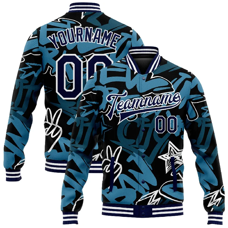 Casual And Trendy Unisex Fashion Staples Limited Time Flash Sale Custom Graffiti Pattern Navy-White Grunge Urban Street Art 3D Bomber Full-Snap Varsity Letterman Jacket Casual And Trendy Unisex Fashion Staples Limited Time Flash Sale Custom Graffiti Pattern Navy-White Grunge Urban Street Art 3D Bomber Full-Snap Varsity Letterman Jacket