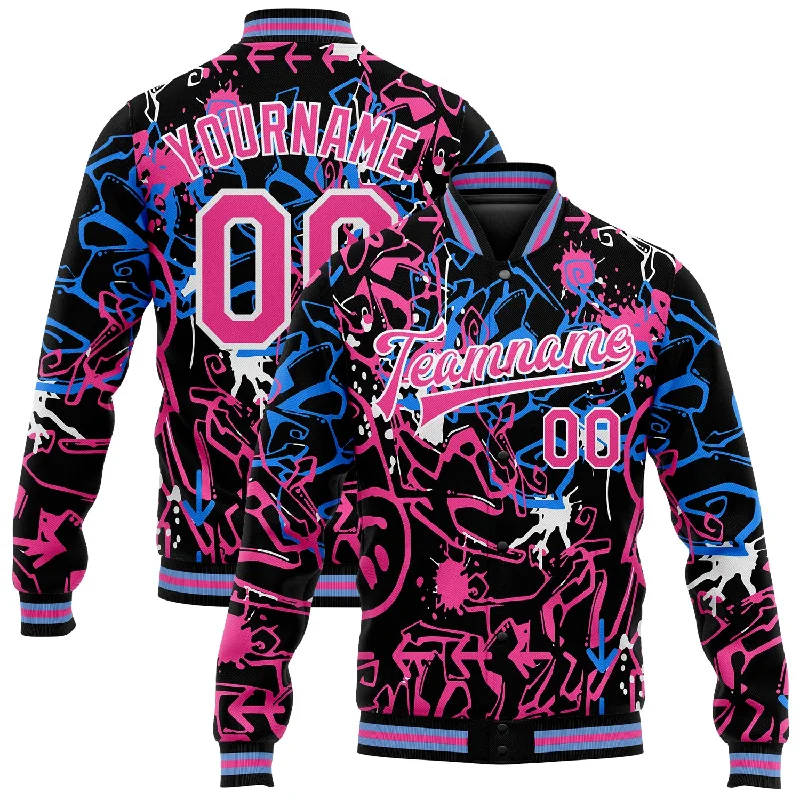 High-Quality Unisex Basics For All Occasions Chic And Edgy Custom Graffiti Pattern Pink-White Abstract Grunge Art 3D Bomber Full-Snap Varsity Letterman Jacket High-Quality Unisex Basics For All Occasions Chic And Edgy Custom Graffiti Pattern Pink-White Abstract Grunge Art 3D Bomber Full-Snap Varsity Letterman Jacket