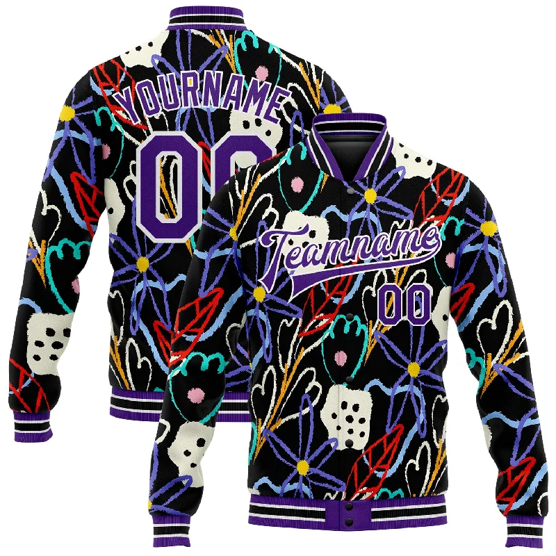Effortless And Modern Unisex Dressing The Latest Fashion Trends Custom Graffiti Pattern Purple-White Hand Painted Flowers 3D Bomber Full-Snap Varsity Letterman Jacket Effortless And Modern Unisex Dressing The Latest Fashion Trends Custom Graffiti Pattern Purple-White Hand Painted Flowers 3D Bomber Full-Snap Varsity Letterman Jacket