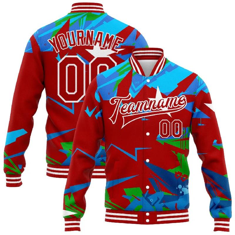 Comfortable Unisex Streetwear Ride The Style Wave Custom Graffiti Pattern Red-White Hiphop Abstract Urban Street Art 3D Bomber Full-Snap Varsity Letterman Jacket Comfortable Unisex Streetwear Ride The Style Wave Custom Graffiti Pattern Red-White Hiphop Abstract Urban Street Art 3D Bomber Full-Snap Varsity Letterman Jacket
