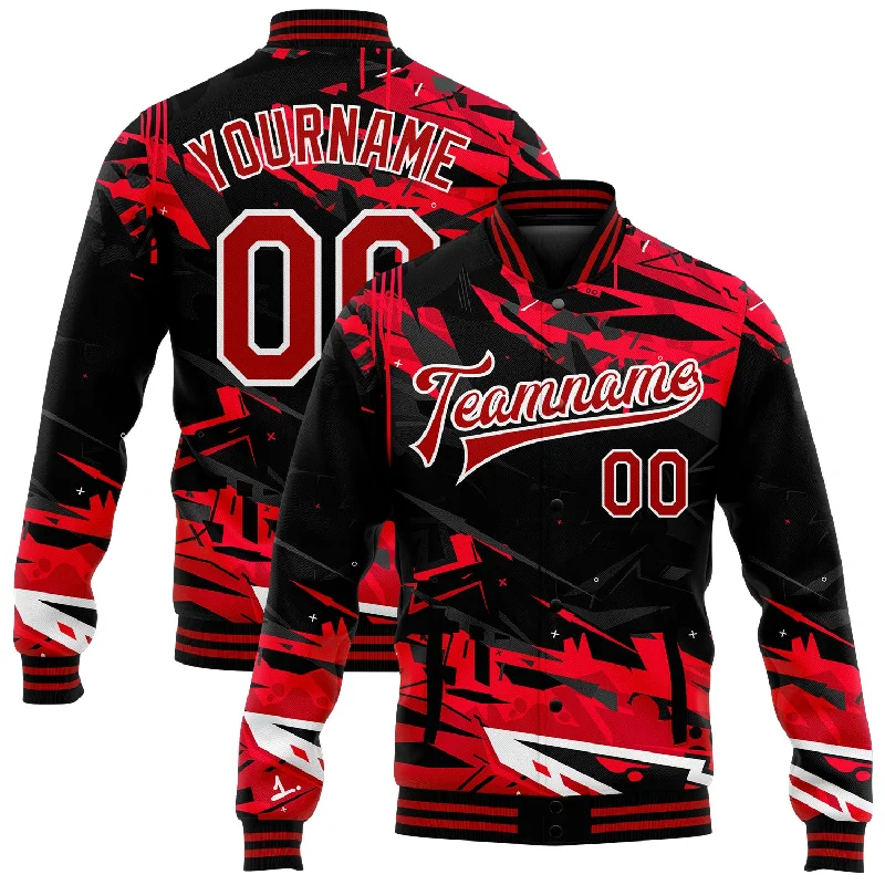 Chic And Casual Unisex Fashion Trends Top Deals Custom Graffiti Pattern Red-White Dark Black Abstract Urban Street Art 3D Bomber Full-Snap Varsity Letterman Jacket Chic And Casual Unisex Fashion Trends Top Deals Custom Graffiti Pattern Red-White Dark Black Abstract Urban Street Art 3D Bomber Full-Snap Varsity Letterman Jacket