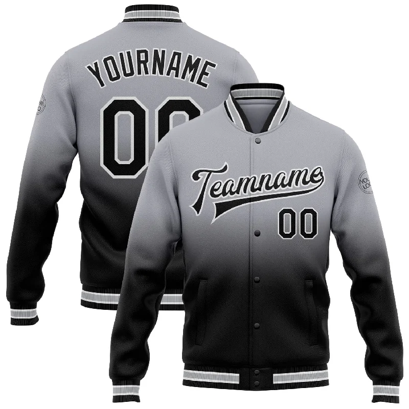 Stylish Unisex Outfit Ideas Exclusive Sale Custom Gray Black-White Bomber Full-Snap Varsity Letterman Fade Fashion Jacket Stylish Unisex Outfit Ideas Exclusive Sale Custom Gray Black-White Bomber Full-Snap Varsity Letterman Fade Fashion Jacket