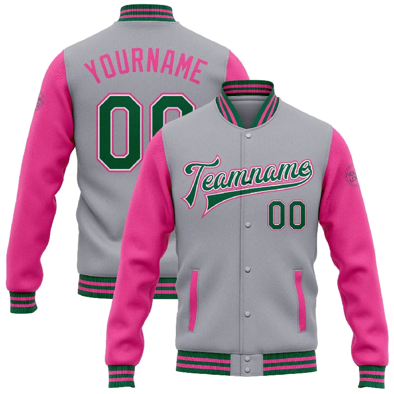 Effortless And Modern Unisex Dressing Huge Price Cut Custom Gray Kelly Green White-Pink Bomber Full-Snap Varsity Letterman Two Tone Jacket Effortless And Modern Unisex Dressing Huge Price Cut Custom Gray Kelly Green White-Pink Bomber Full-Snap Varsity Letterman Two Tone Jacket