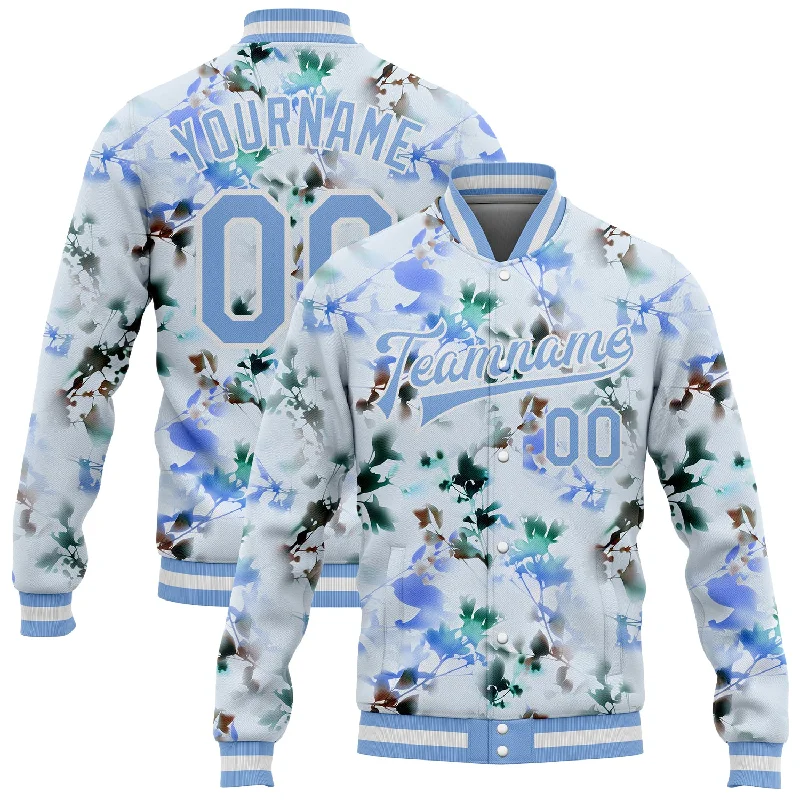 Trendy Unisex Streetwear Fashion Luxury Casual Deals Custom White Light Blue Branches And Leaves 3D Pattern Design Bomber Full-Snap Varsity Letterman Jacket Trendy Unisex Streetwear Fashion Luxury Casual Deals Custom White Light Blue Branches And Leaves 3D Pattern Design Bomber Full-Snap Varsity Letterman Jacket
