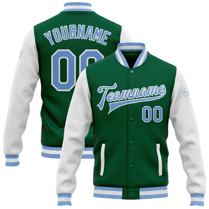 Lightweight And Breathable Unisex Wear Hot Trends Custom Kelly Green Light Blue-White Bomber Full-Snap Varsity Letterman Two Tone Jacket Lightweight And Breathable Unisex Wear Hot Trends Custom Kelly Green Light Blue-White Bomber Full-Snap Varsity Letterman Two Tone Jacket