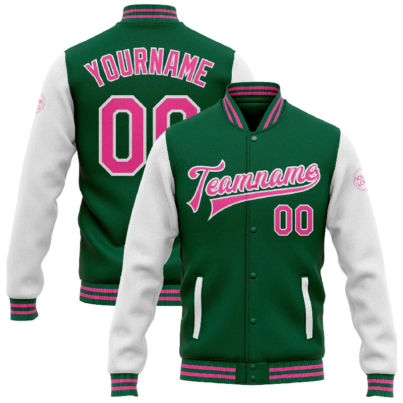 Effortless And Modern Unisex Dressing Relaxed Style Custom Kelly Green Pink-White Bomber Full-Snap Varsity Letterman Two Tone Jacket