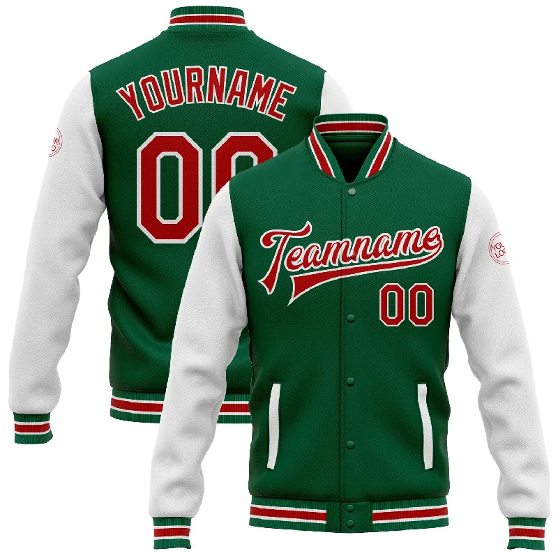 High-Quality Unisex Basics For All Occasions Boutique Styles Custom Kelly Green Red-White Bomber Full-Snap Varsity Letterman Two Tone Jacket High-Quality Unisex Basics For All Occasions Boutique Styles Custom Kelly Green Red-White Bomber Full-Snap Varsity Letterman Two Tone Jacket