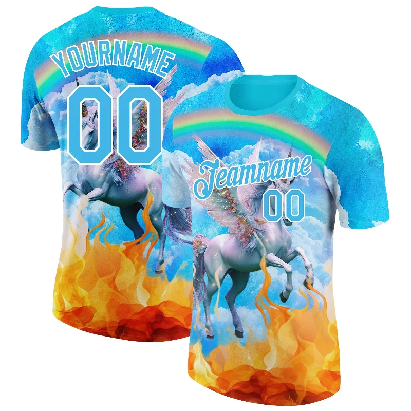 Classic And Timeless Gender-Neutral Fashion Casual Chic Custom Lakes Blue White 3D Pattern Design Unicorn Under The Rainbow Performance T-Shirt