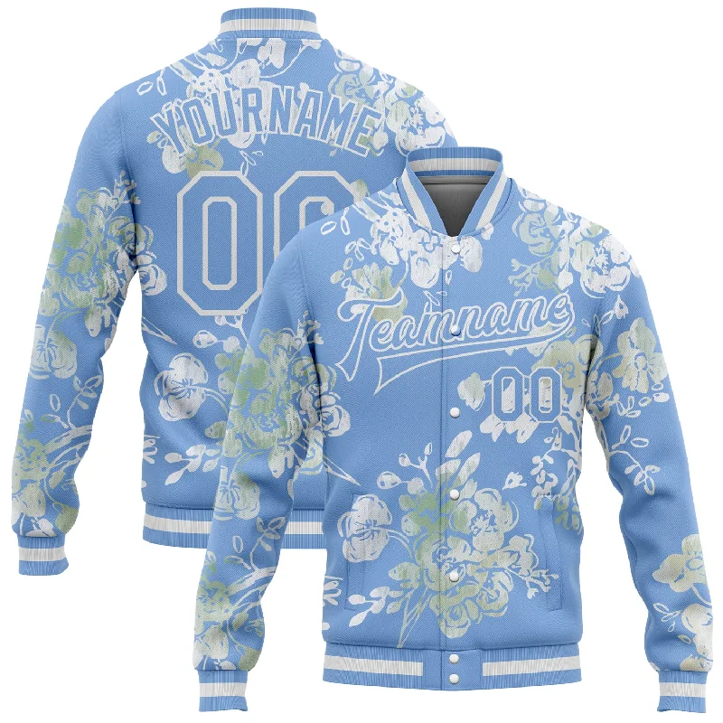 Modern Unisex Clothing For Any Occasion Classic Elegance Sales Custom Light Blue White Plant And Flower 3D Pattern Design Bomber Full-Snap Varsity Letterman Jacket Modern Unisex Clothing For Any Occasion Classic Elegance Sales Custom Light Blue White Plant And Flower 3D Pattern Design Bomber Full-Snap Varsity Letterman Jacket
