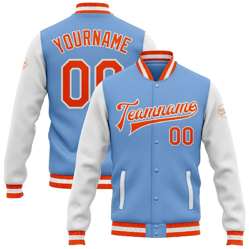 Functional And Stylish Unisex Wear Premium Style Custom Light Blue Orange-White Bomber Full-Snap Varsity Letterman Two Tone Jacket Functional And Stylish Unisex Wear Premium Style Custom Light Blue Orange-White Bomber Full-Snap Varsity Letterman Two Tone Jacket