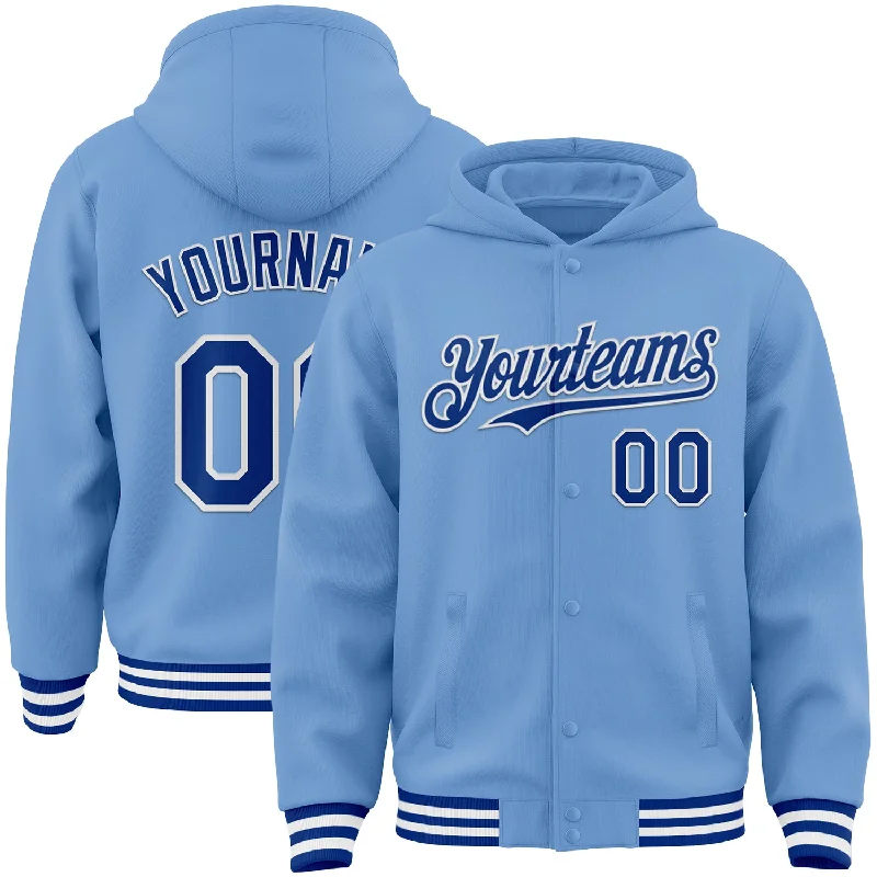 High-Quality Unisex Basics For Everyday Wear Weekend Exclusive Custom Light Blue Royal-White Bomber Full-Snap Varsity Letterman Hoodie Jacket