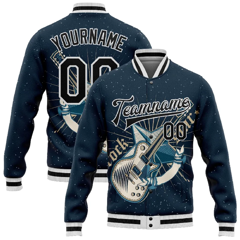 Fashion-Forward Unisex Apparel Glamorous Fashion Offers Custom Navy Black-White Guitar Rock Star Music Festival 3D Pattern Design Bomber Full-Snap Varsity Letterman Jacket Fashion-Forward Unisex Apparel Glamorous Fashion Offers Custom Navy Black-White Guitar Rock Star Music Festival 3D Pattern Design Bomber Full-Snap Varsity Letterman Jacket