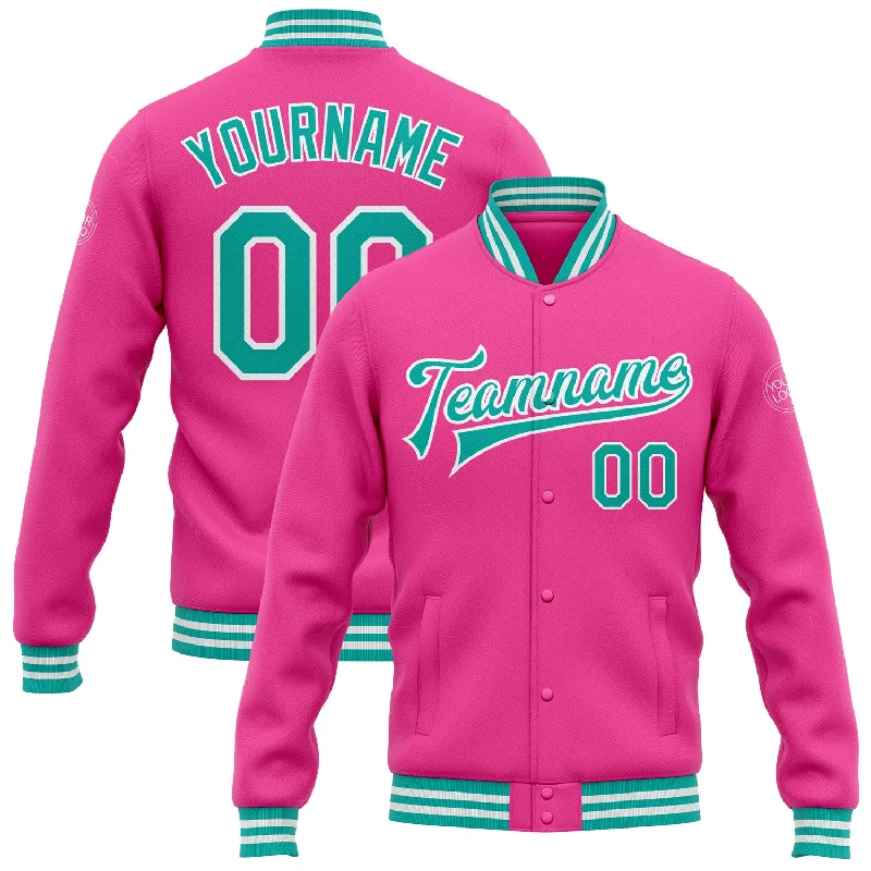 Effortless And Modern Unisex Dressing Flash Sale, Don'T Miss Custom Pink Aqua-White Bomber Full-Snap Varsity Letterman Jacket