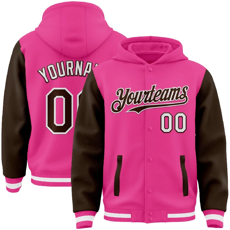 Urban-Inspired Unisex Fashion Pieces Fashion Sale Custom Pink Brown-White Bomber Full-Snap Varsity Letterman Two Tone Hoodie Jacket Urban-Inspired Unisex Fashion Pieces Fashion Sale Custom Pink Brown-White Bomber Full-Snap Varsity Letterman Two Tone Hoodie Jacket